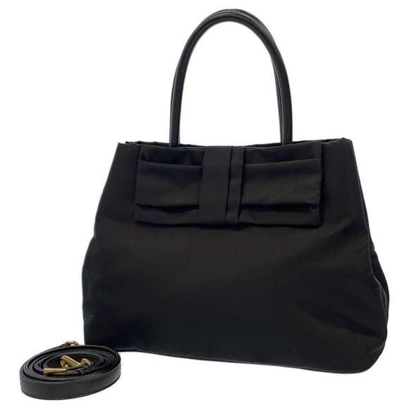 Prada Handbag Ribbon Nylon Shoulder Bag Black - Picture 1 of 10